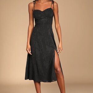 Loveliest Looks Black Floral Jacquard Tie-Strap Midi Dress